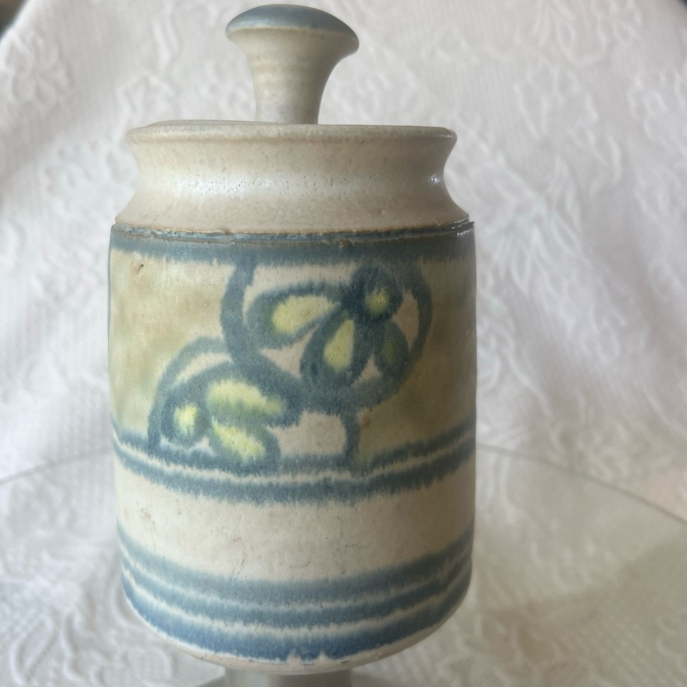 Art Studio Pottery Jar Lid Blue Green Salt Glaze Canister 7” Handmade Organic